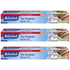 Image of 3 x Bacofoil The Original Kitchen Foil Easy-Cut Tear & Heat-Resistant 30cm x 10m