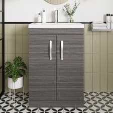Image of Nuie Athena Floor Standing 2-Door Vanity Unit Basin 2 Anthracite Woodgrain 600mm