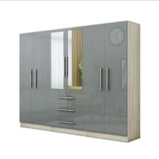 Image of Large 6 Door Mirrored Wardrobe – High Gloss Grey – 3 Drawers – Modern Fitment