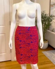Image of M&S Womens Lined Knee Length Rose Red Blue Lace Pencil Skirt - Size 6 Petite NEW