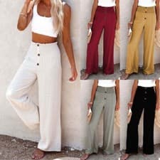 Image of UK Summer Womens Ladies Cotton Linen Baggy Casual Harem Pants Wide Leg Trousers