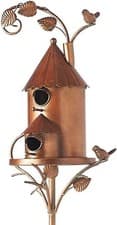 Image of Metal Bird House with Pole, Copper Cottage Bird House Stakes, Large Bird Houses