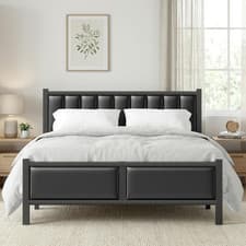 Image of Frost IX Double Bed Frame with Upholstered Headboard, 4Ft6 Metal Beds with Heavy