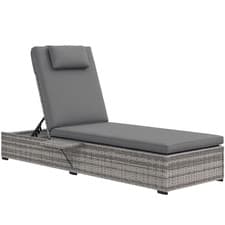 Image of Outsunny Rattan Sun Lounger, Garden Recliner w/ 5-Level Back, Cushion, Grey