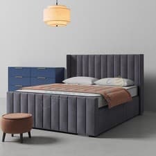 Image of OTTOMAN STORAGE BED PANEL PLUSH VELVET UPHOLSTERED BED FRAME- WINGED HEADBOARD