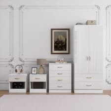 Image of 4 Piece High Gloss Bedroom Furniture Bedside Table Wardrobe Set Chest of Drawer