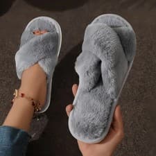 Image of Women Fluffy Cross Fur Slippers Open Toe Warm Indoor Flat Non Slip Slides UK