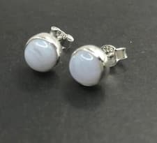 Image of Blue lace agate stud earrings solid Sterling silver round 7mm. Gift box. #3
