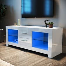 Image of Modern TV Stand White TV Unit Cabinet 130cm Cupboard With LED Light & Drawers
