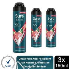 Image of Sure Men Nonstop Protection 72H Anti-Perspirant Deodorant Ultra Fresh 150ml, 3pk