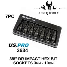 Image of US PRO 3/8" DRIVE IMPACT HEX SOCKET BIT SET 7PC H3, H4, H5, H6, H7, H8, H10 3634