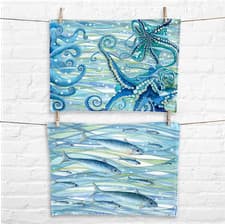 Image of Tea Towels - Fish & Octopus - Coastal Seaside Nautical Kitchen Decor 100% Cotton