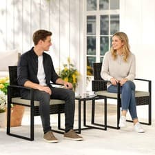 Image of 3 Piece Rattan Bistro Set, Wicker Garden Furniture Set with Cushions