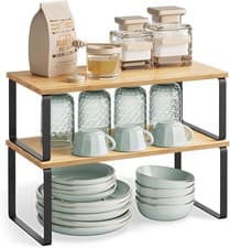 Image of Set of 2 Kitchen Cupboard Shelf Organiser Stackable Metal and Engineered Wood UK