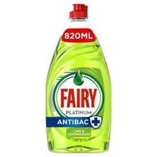 Image of Fairy Platinum Antibac Washing Up Liquid Lime & Lemongrass 820ml Powerful Grease