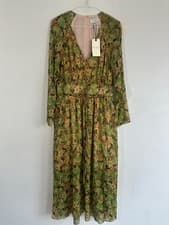Image of TED BAKER DRESS CHIFFON MIDI GREEN long puff sleeve  floral BOHO 12 NEW £220