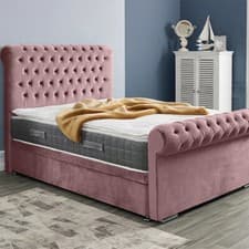 Image of Sleigh Bed Frame Plush Velvet Gas Lift Chesterfield Double & King Size Bed
