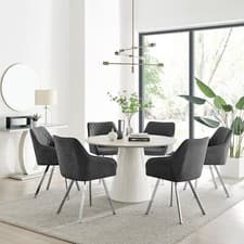 Image of Palma Beige Stone Effect Round Dining Table & 6 Falun Silver Leg Chairs