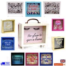 Image of Money Box Wooden Frame Glass Coins Notes Piggy Bank Saving Fund Gift Present