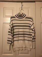 Image of LOFT White and Black Striped Funnel Neck Tunic Sweater Size XS NEW