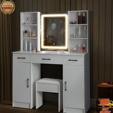 Image of 3 Drawers Makeup Desk Dressing Table w/ LED Lighted Mirror and 2 Cabinets