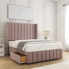 Image of Luxury Winged Velvet Divan Bed Double King Size Upholstered Bed Storage Drawers