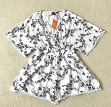 Image of Ladies Superdry White Opitc Blossom Vintage Beach Playsuit Size 12 RRP£49.99
