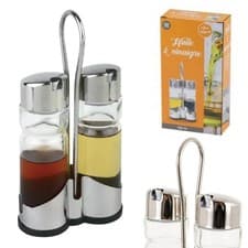 Image of Oil & Vinegar Bottle Set Glass 100ml with Metal Holder Kitchen Tableware 20cm