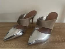 Image of Next Silver Mules With Suede Taupe Kitten Heels BNWT Leather & other materials