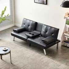 Image of Sofa Bed Luxury PU Leather Manhattan 3 Seater Chrome Legs Recliner Settee Black
