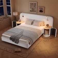 Image of Upholstered Bed 4ft6 Double Bed Frame with Bedside Tables & LED Lights 135×190cm