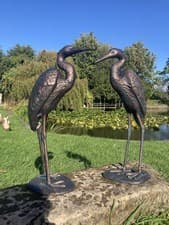 Image of PAIR OF METAL CAST ALUMINIUM CRANE STATUES GARDEN ORNAMENTS