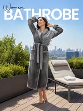 Image of Women Fleece Bathrobe Soft Shawl Collar Dressing Gown With Pocket