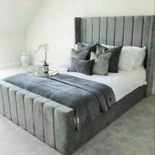 Image of Arizona Winged Plush Velvet Ottoman Storage Bed Frame with Headboard Footboard