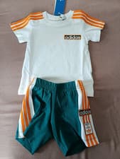Image of Adidas Infant Boys Short Tee Set 9-12 Months  White Top  & Teal Shorts