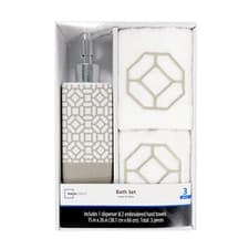 Image of Mainstays 3-Piece Geometric Accessory Bath Set Soap Dispenser and Hand Towels