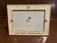 Image of Shudehill Giftware 50th Anniversary Cream Enamel Red Gemstones Photo Frame