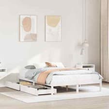 Image of Bed Frame with Drawers White 140x200  Solid Wood Pine L2H7