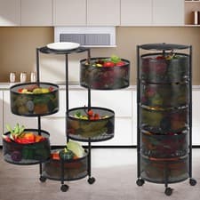 Image of Black Metal Wire Basket with Wheels, a 5-Tier Round Vegetable Storage Rack That
