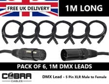 Image of 6 x DMX Leads 1m - 5 Pin XLR Male to Female- High Quality Connectors & Cable