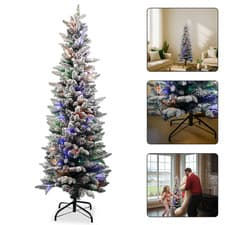 Image of 5ft Pre-Lit Christmas Tree Slim Pencil With LED Lights Coloured Xmas Tree UK
