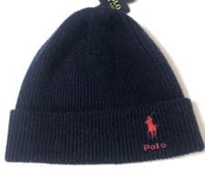 Image of Polo Ralph Lauren Men’s Ribbed Lambs Wool Blend Knit Beanie Hat Navy Blue NWT
