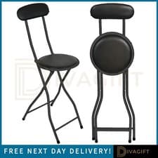 Image of FOLDING BAR STOOL BLACK PADDED HIGH BACK STOOL ROUND SEAT FOLDABLE BREAKFAST UK