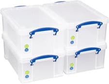 Image of Really Useful Box 9 Litre Plastic Storage Box Clear with handles (Pack of 4)
