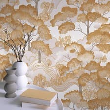 Image of Golden Grove Vinyl Wallpaper Elle Decoration Trees Gold Cream Metallic 10448-30