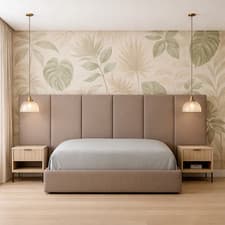 Image of Modern 6 Panel Upholstered Bed Frame Extended Headboard ottoman Gas Lift