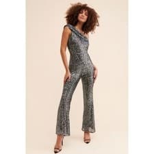 Image of NEW Flat White Size Small Black Silver Sequined Flare Leg One Shoulder Jumpsuit