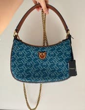 Image of Authentic PINKO Love Birds Monogram Hobo Bag Blue Denim Canvas - Verified