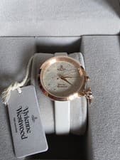Image of Vivienne Westwood Time Machine Wristwatch White Leather Strap Rose Gold Case Box