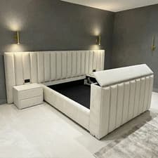 Image of Panelled Hotel Style TV Bed Frame in Plush Velvet Fabric All Color UK Sizes